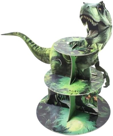 3 Tier Pink Dinosaur Cupcake Stand - Jungle Dino Theme Party Decorations & Dessert Tower