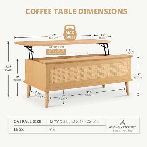Image of Ink+Ivy Solid Wood Lift Top Coffee Table with Storage Compartments and Large Shelves, Handwoven Rattan Accent Sides, Oak Wood Grain Coffee Tables for Home Living Room Natural