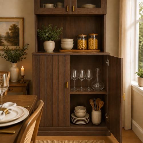 Image of ivaniti 71 inch Arched Kitchen Pantry Cabinet Set of 2, Dark Brown Freestanding Storage Hutch Combination with 1 Glass-Door Coffee Bar Cabinet and 1 Three-Drawer Open Shelf Cabinet for Kitchen