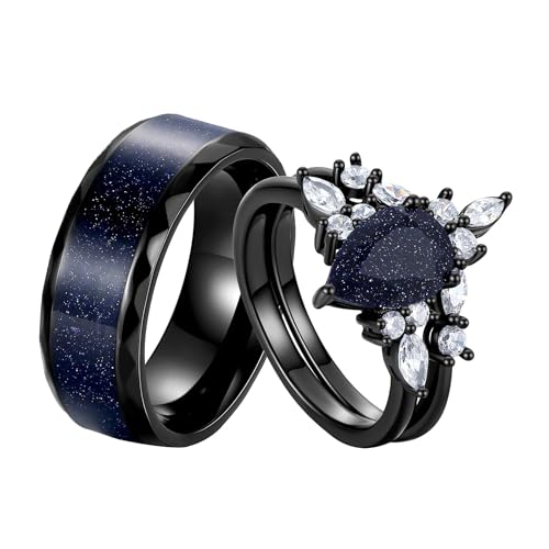 Custom Black Matching Rings - Couples' Blue Sandstone, Pear Cut with Personalized Engraving