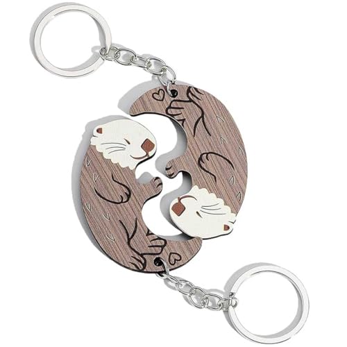 Porte-clés Couple en Bois - Pendentif Puzzle Loutre Mignon pour Noël, Anniversaire, Marron