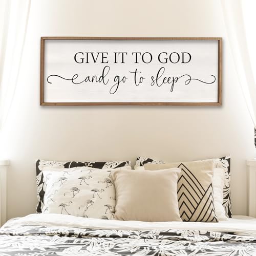 Surfapans Give It To God And Go To Sleep Sign Wall Decor 32x12 ofr Master Bedroom Guest Room Wood Rustic Framed Wall Art Sign (Wood White)