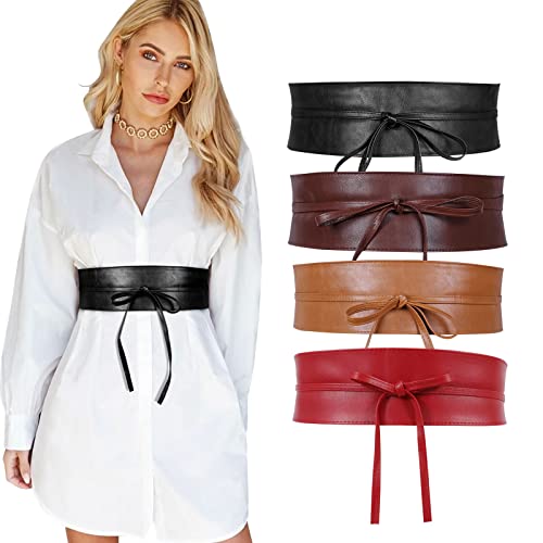 WERFORU 4 Stück Breiter Obi Gürtel für Damen, weicher PU-Leder Gürtel für Halloween, Schwarz/Braun/Kaffee/Rot Cover