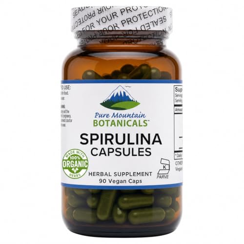 Pure Mountain Botanicals Spirulina Capsules 90 Count - 450mg Organic Spirulina - Kosher Vegan Non-GMO - Superfood Supplement - Espirulina
