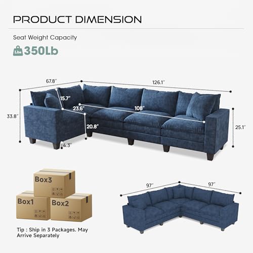 Image of 126 inch L Shaped Sectional Couch, Comfy Chenille Cloud Couch, 5 Seat Modular Cloud Sofa with 2 Pillows & Storage Armrests, Convertible V Shaped Corner Couch, Sectional Couches for Living Room, Blue