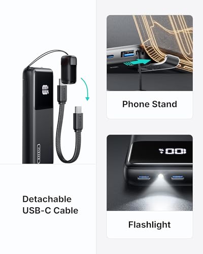 INIU Ultra Compact Power Bank, 10000mAh 45W Fast Charging Portable Charger with Detachable USB-C Cable & Stand, Flight-Safe Travel Battery Pack for iPhone 17 16 15 Pro Max Air, Samsung S26, iPad, etc - Image 5