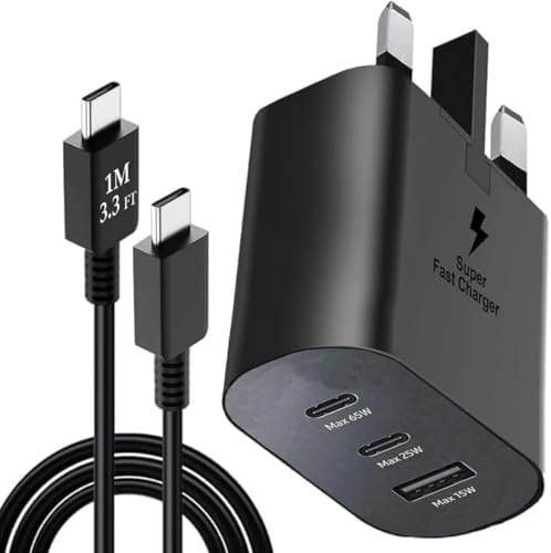 65W Trio Fast Charger Adapter Compatible for Samsung Galaxy S25 Ultra S24 Ultra S23 Ultra S22 Z Fold 6/5 A06 LTE A55 LTE Dual Type-C and USB-A Ports Cable Included Black