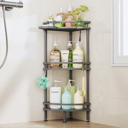 Image of HapiRm Standing Corner Shower Caddy - 3 Tier Shower Organizer Corner with Soap Holder and 4 Hooks, Rustproof Bathroom Storage Shelves with Adhesives, Grey