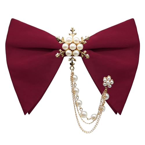 LJBFNN Oversized Bow Ties for Men, Mens Bow Tie with Pearl Decoration Adjustable Pre-tied Bowtie for Wedding Party Banquet (Red Snowflake)