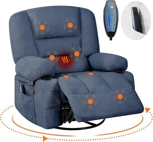Image of Oversized Manual Swivel Recliner Chair for Adults, 360 Swivel Rocker Glider with Vibration Massage & Heat, Extra Wide Chenille Fabric Lazy Chair for Living Room Bedroom, Blue Chenille