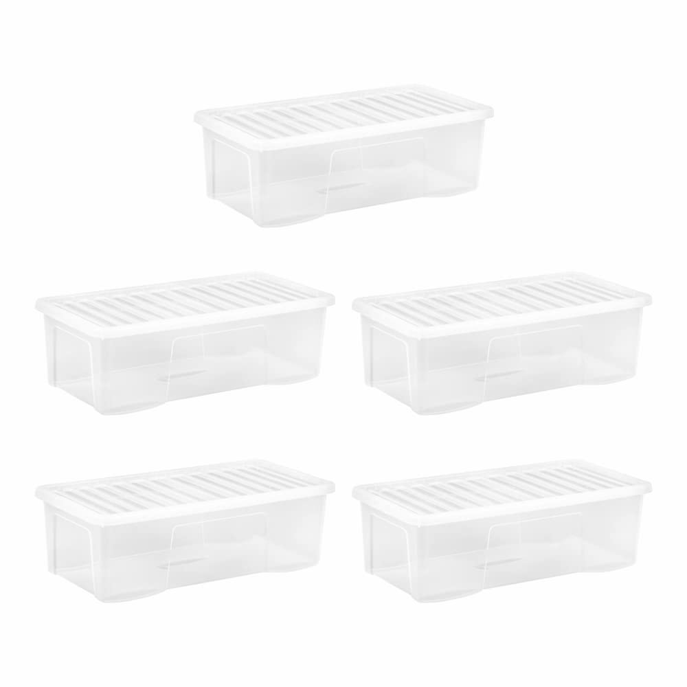 JMS we create smile Set of 5 - Transparent Plastic Storage Box Container With Lid For Storage Shoes Toys Garage Home School Office Stackable Nestable- Made in UK (62 Litre, Clear)