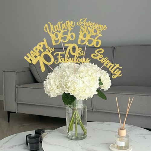 Image of 15 PCS 70th Birthday Centerpiece Sticks Double Sided Seventy Happy 70th Vintage 1956 Table Flower Centerpieces Sticks Cheers to 70 Fabulous Floral Decorations for 70th Birthday Party Supplies Gold