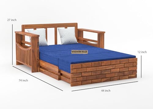 Image of Solid Sheesham Wooden Sofa Cums Bed with Mattresses for Living Room | Rosewood 2 Seater Sofa Cums Bed for Bedroom Without Pillow (B-Natural Finish)