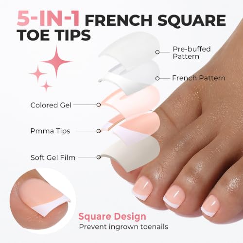 Image of UNA GELLA Press On Toenails, 180Pcs Sharp Square Soft Gel French Tip Toe Nail Press Ons for Women, 15 Sizes Full Cover Nude Fake Toe Press On Nails Extension Pedicure for Home DIY Salon