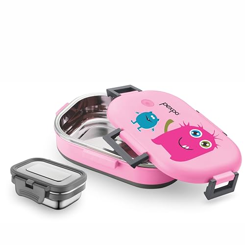 Image of Go24 pexpo Tango Elite Stainless Steel Insulated Tiffin Box for Kids (650ml) and Small Container (150ml) with Spoon - Pink| BPA-Free|Anti-Skid Rubber Base | Kids Lunch Box for School, Picnic