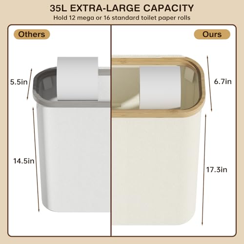 Toilet Paper Storage Basket with Lid and Handle, Foldable Toilet Paper Basket Organizer for Bathroom, Large Capacity Toilet Paper Holder with Storage for 12 Mega or 16 Regular Rolls, Beige image 5