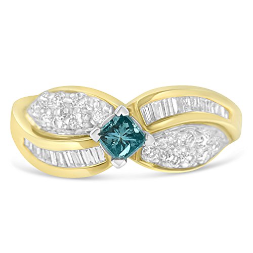Original Classics 14K Yellow Gold Treated Blue Princess, Baguette and Round Diamond Knotted Ring (1 Cttw, Blue Color, I1-I2 Clarity) - Size 7-1/4