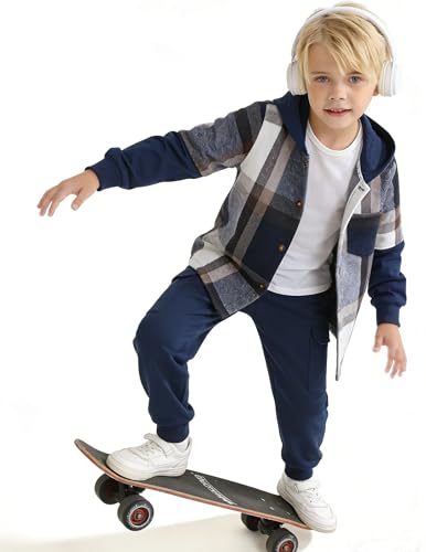 Image of 2Pcs Boys Clothes Sweatsuit Set Hoodie Flannel Plaid Shirt and Jogger Pants for Kids Fall Winter Spring Outfits