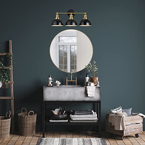 Image of Design House Savannah Rustic Farmhouse 3-Light Bathroom Vanity Light, Dimmable, Satin Gold, Matte Black Metal Shade, 26 in x 9 in x 10.88 in, 588301-BGD