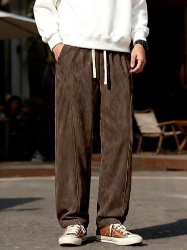 Elegant Seal Men's Corduroy Wide Leg Fashion Casual Pants Loose Fit Baggy Straight Sweatpants Elastic Waist Drawstring Brown — view 3
