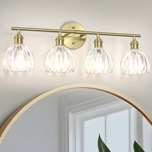Image of Vintage Bathroom Light fixtures, Gold Vanity Lights, ETL Certified | 25.2 in, Clear Tulip Glass Shade, Hardwired Bathroom Vanity Light, E26 Socket, Bulbs Not Included