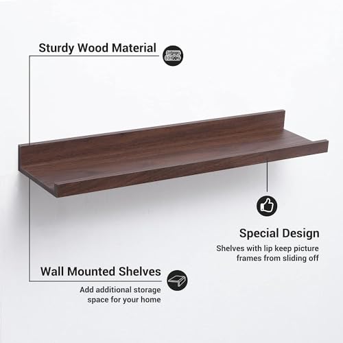 Image of Wooden Floating Wall Shelves Set of 3 for Living Room & Bedroom | Modern Wall Mounted Display Rack for Decor, Photo Frames, Plants & Storage (Walnut, 23 Inch)