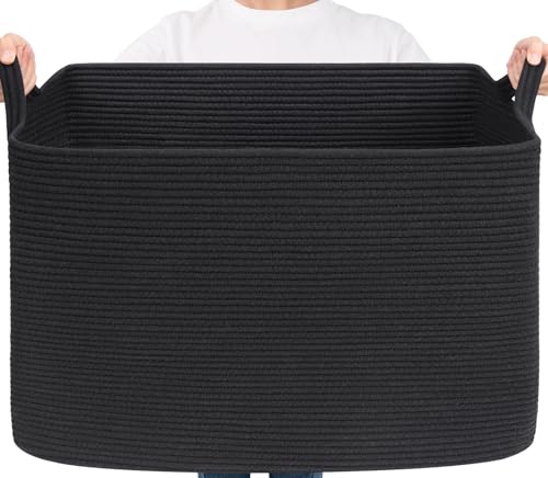 Goodpick Large Woven Storage Basket, 105L Extra Large Blanket Basket for Living Room, Bedroom, Rectangle Cotton Rope Organizer for Toy Storage, 25”x16”x16”, Black
