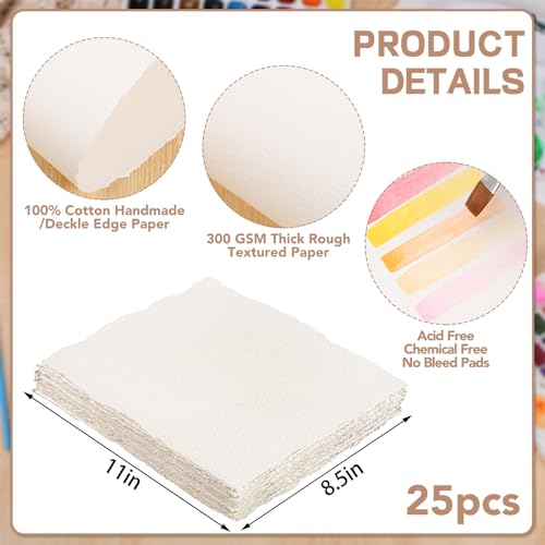 Image of 25 Sheets Watercolor Paper 8.5 x 11, 300 GSM Deckled Edge Paper Rough /Textured Handmade Paper Cotton Paper for Watercolors, Wedding Invitations, Cards, Crafts | Handmade cold-pressed textured paper, absorbent and durable for watercolor cards and invitations