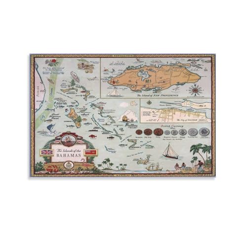 HOMSOL Nautical Map of The Bahamas with New Providence And Nassau 1951 Canvas Poster Wall Art Decor Print Picture Paintings for Living Room Bedroom Decoration 24x36inch(60x90cm)