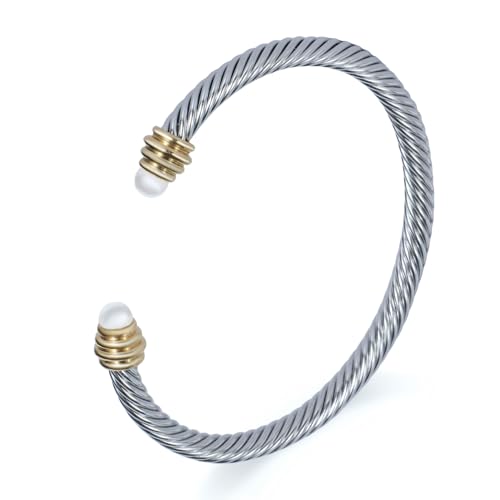 Decpro 5MM Twisted Cable Bracelet with Composite Shell Pearl Inlay Stainless Steel Cuff Bracelet for Women (White)
