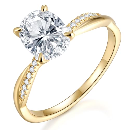KSTYLE 14K Gold Plated Oval Shape Moissanite Engagement Rings for Women 925 Sterling Silver 2CT Engagement Ring Promise Rings for Her Ideal Gift (D Color VVS1 Clarity)