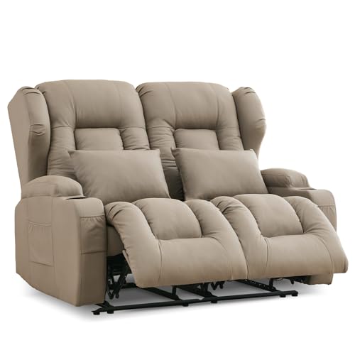 Image of IPKIG 54.2 inch RV Loveseat Recliner Sofa, Leathaire Fabric Wall Hugger Reclining Chair with Cup Holder and Side Pockets, Home Theater Seating Manual Recliner for Living Room (Khaki, Loveseat)