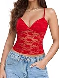 Jenbou Womens Y2k Lace Cami Tank Tops Going Out Crop Tops Spaghetti Strap Mesh See Through Camisole Summer Casual Tops Red