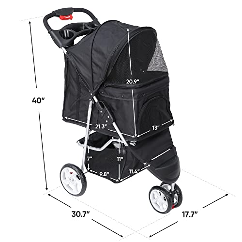 Foldable Pet Stroller for Cats and Dogs 3 Wheels Carrier Strolling Cart with Weather Cover, Storage Basket + Cup Holder - Image 5
