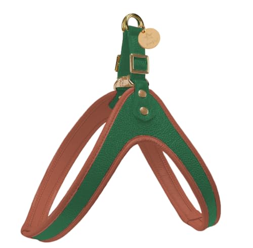 POISEPUP Dog Real Leather Step-in Harness, Soft Padded with Buckle Comfortable for Pet Dogs - Green | Brown - Medium (19.7-21.7 in)
