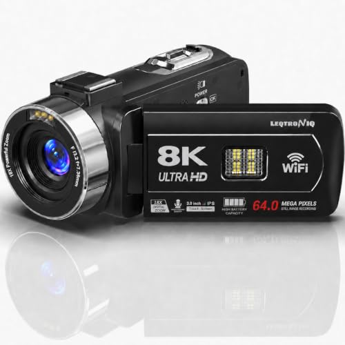 LEQTRONIQ Luna 8K Camcorder Video Camera, 64MP Digital Video Recorder for Vlogging, WiFi Sharing, IR Night Vision, Touch Screen, 18X Digital Zoom, Rem