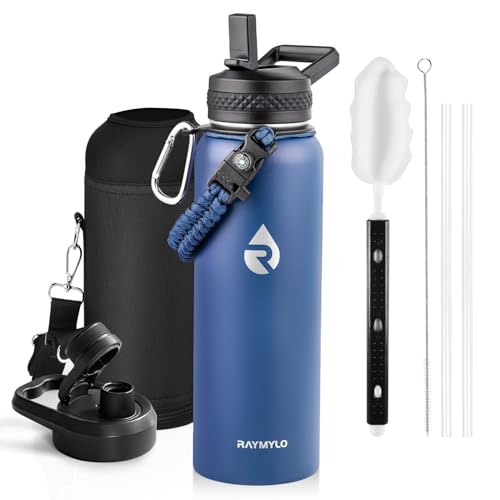 Image of RAYMYLO Insulated Water Bottle 40 oz, Triple Wall Vacuum Stainless Steel (Cold for 36Hrs, Hot for 18Hrs), Leak Proof & Non-BPA, Modern Water Flask Jug with Paracord Handle & Straw Spout Lids