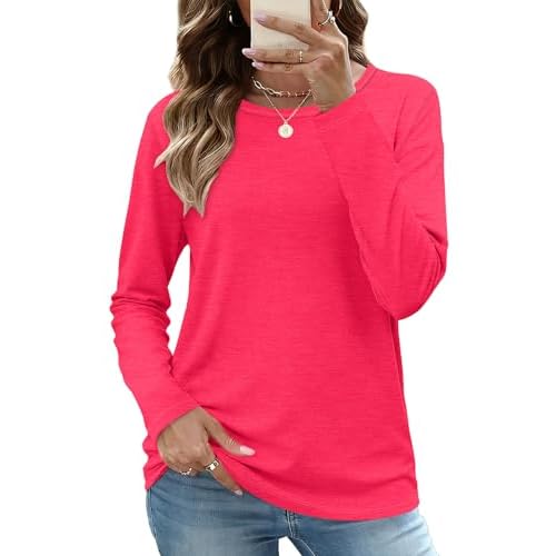 CHICGAL Women Long Sleeve Shirts Casual Dressy Crew Neck Soft Basic Tee Loose Fit Tunic Tops Small Bright Pink