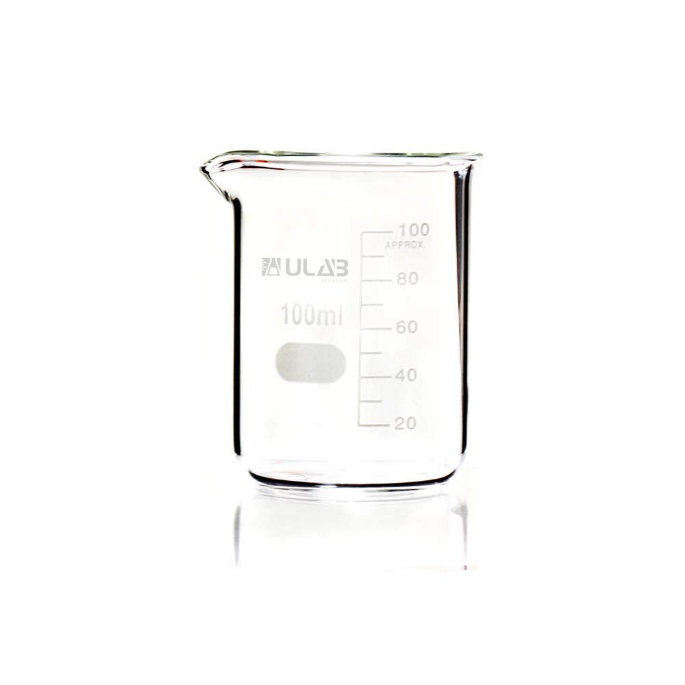 ULAB Scientific Glasbecher-Set, Vol. 100 ml, 3,3 Borosilikatgriffin, Niedrige Form mit Aufgedruckter Graduierung, 6er-Pack, UBG1014
