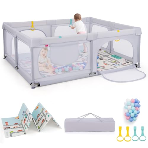 【Divertimento Illimitato】Una pratica borsa portaoggetti offre spazio sufficiente alle cose essenziali del bambino. I 4 anelli aiutano il bambino a esercitarsi a stare in piedi. Il recinto per neonati è dotato di 50 palline per offrire ore di divertimento.