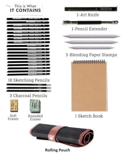 Image of DaKos Sketch Pencil Set - Drawing Pencil Set and Shading Pencil Set for Artists, with A5 Drawing Sketch Book, Perfect Sketching Kit of Charcoal Pencil and Shading Art (30 Pcs.)