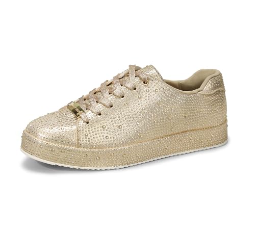 LUCKY STEP Mujer Zapatillas con Plataforma y Diamantes de Imitación | Zapatos Brillantes para Boda Nupciales para (Oro con Estrás, 11US-42EU-9UK)
