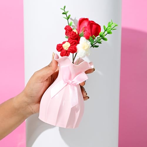 Image of Art Street Handmade Crochet Flower Vase with Artificial Rose | Red & White Knitted Flowers with Green Leaves | Decorative Pink Vase with Ribbon for Home Decor, Birthday, Anniversary