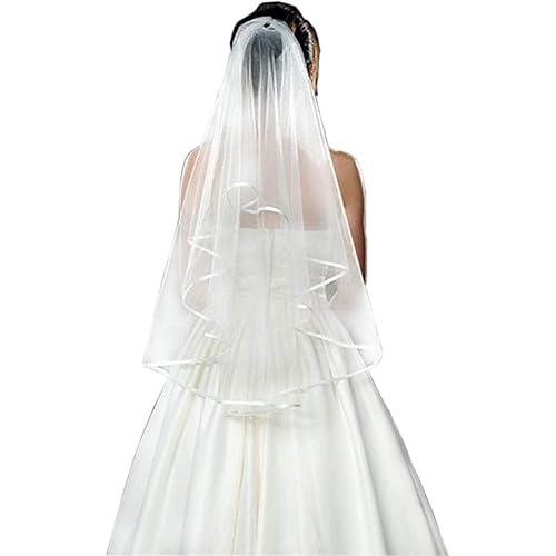 CICITOYWO Bridal Veil Wedding Vails Women's Simple Short Wedding Veils White Ivory Tulle with Comb for Brides Shower Bachelorette Hen do Night Party (Ivory/Ribbon Edge)