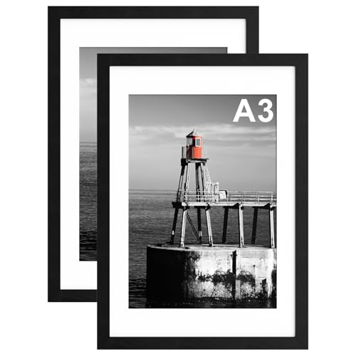 A3 Picture Frame, 2 Pack 29.7x42cm Photo Frames with A4 Mount, Black A3 Poster Frame with Safe Perspex Front