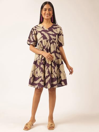 Image of Vbuyz Women's Floral Print Flared Cotton Beige Stitched Dress