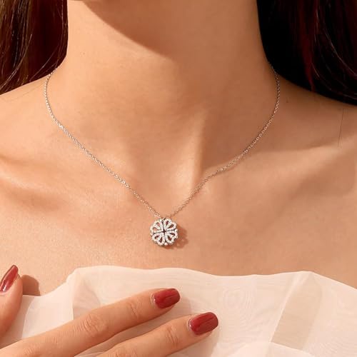 FPEAOB Clover Heart Necklace 925 Sterling Silver 2 in 1 Heart Four Leaf Clover Lucky Pendant Chain Cubic Zirconia Jewelry for Women
