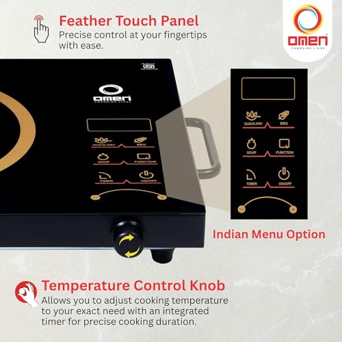 Image of Omen Changing Lives Unique 2000W Infrared Induction Cooktop With Stainless Steel Grill | Smart Touch Control | Infrared Crystal Glass Top | 3 Cooking Modes - BBQ, Quick Fry & Soup | 1 Year Warranty