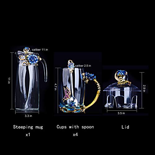Crystal Glass 3D Butterfly Flower Tea Cups, Coffee Cup Mug Set, Including 4 Fancy Glass Teacup with Spoon & Flower Tea Steeping Mug with Lid, Gift Box Package, A Great Gift Present Idea. (Blue 12oz)