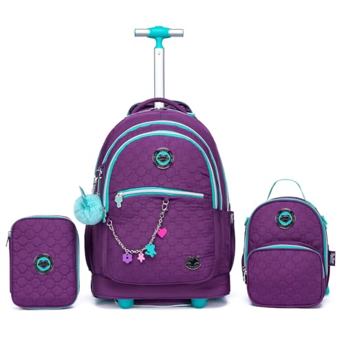 Kit Mochila de Rodinhas Escolar Lancheira Térmica Estojo Resistente (Roxo)